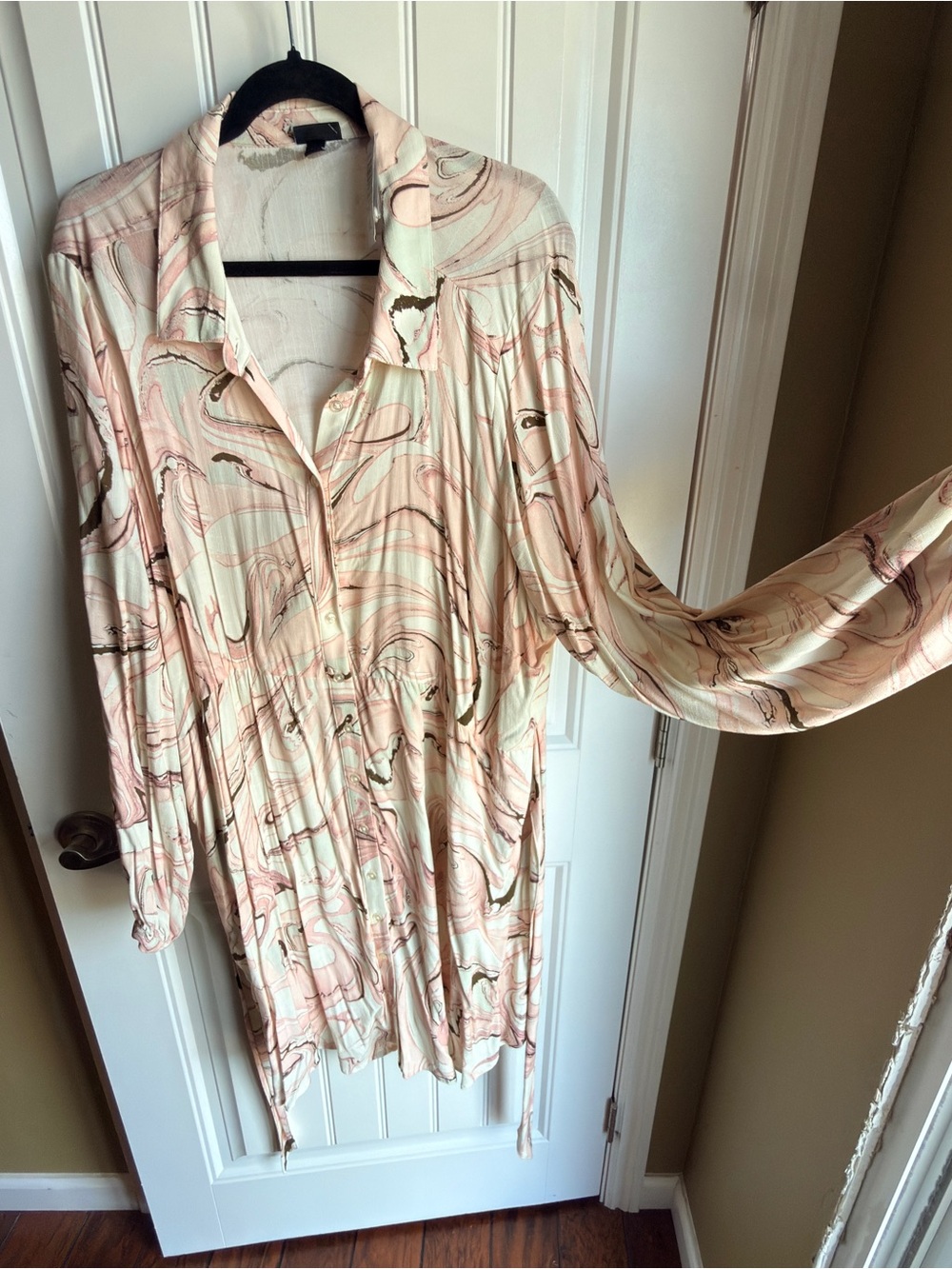 torrid Cream and Blush Marble-Print Long Sleeve Button Dress